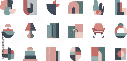 Abstract geometric shapes in muted colors, depicting objects and forms
