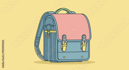 Retro School Backpack, Vintage Satchel, Pink and Blue, Yellow Background, Back to School