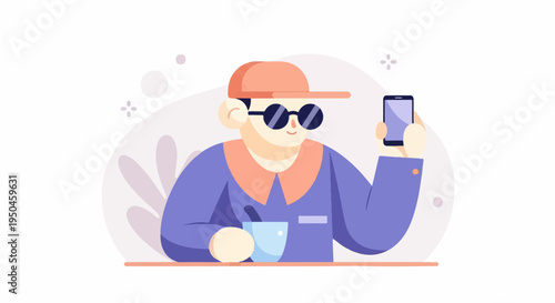 Character wearing sunglasses and cap, holding phone and cup