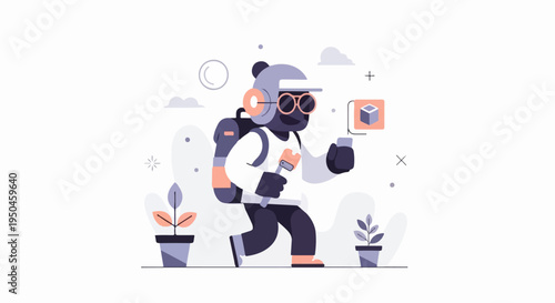Character interacts with 3D cube, holding brush, wearing gear