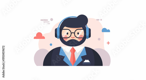 Cheerful bearded person with headphones and glasses in a suit and tie