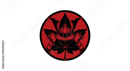 Samurai Helmet Emblem with Maple Leaf and Sun Symbol