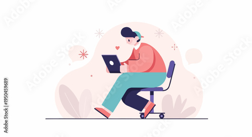 Person on chair with laptop, abstract shapes, leaves, and small decorative elements