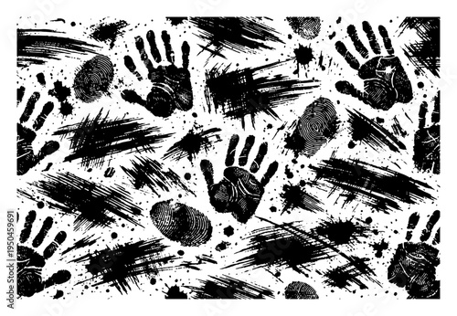 Grunge background pattern featuring handprints fingerprints and black ink paint splatters