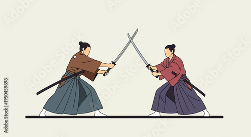 Samurai Warriors Duel with Swords in Traditional Japanese Attire
