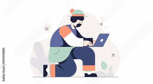 Man with hat types on laptop, seated amidst abstract shapes and plants
