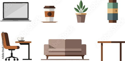 Flat design vector icons of office and home furniture, coffee, and tech