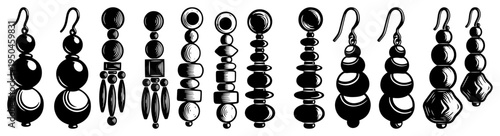 Vintage hand drawn collection of elegant earrings and decorative beads in woodcut style