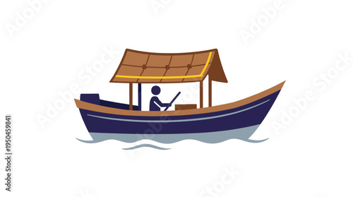Traditional thai boat floats with passenger on water waves.