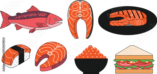 Salmon Seafood Vector Collection Featuring Whole Salmon Fish, Salmon Steak Cut, Grilled Salmon Fillet, Salmon Sushi, Salmon Roe Bowl and Salmon Sandwich Illustration