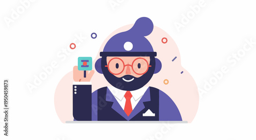 Flat illustration of a man in a suit and hat holding a small sign