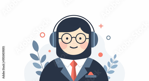 Friendly cartoon person with glasses and headphones, wearing a suit
