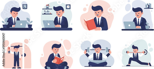 Person in suit working, reading, and exercising