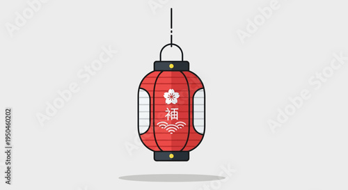 Red Chinese Lantern with Fu Character and Flower Decoration, Isolated on Gray Background