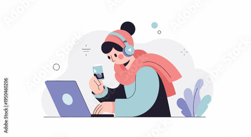 Young person with headphones and scarf uses laptop and phone