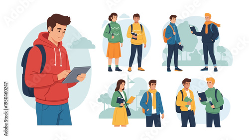 Students' Daily Life: A colorful illustration capturing various college students in their everyday routines. Scenes include studying, communicating, and moving through a collegiate campus