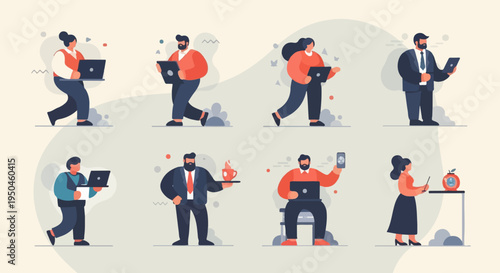 Stylized figures using laptops, phones, and tablets