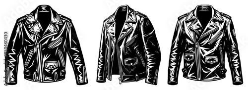 Set of vintage hand drawn leather biker jackets in high contrast woodcut style