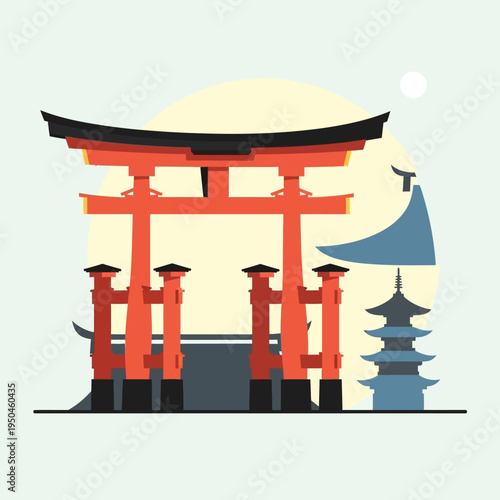 Traditional Japanese Torii Gate and Pagoda with Full Moon Background