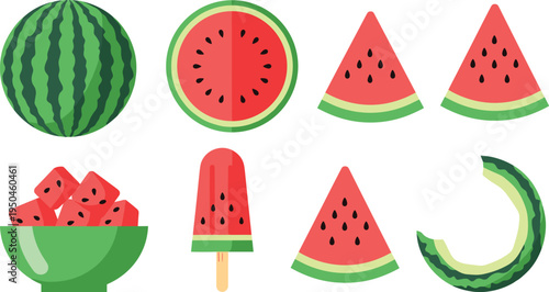 Watermelon Fruit Collection with Whole Watermelon, Sliced Watermelon Pieces, Watermelon Bowl Cubes, Watermelon Popsicle and Fresh Summer Fruit Vector Illustration Set