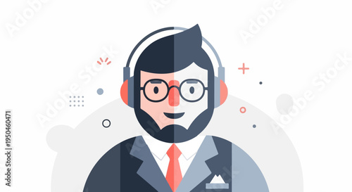 Flat vector illustration of a person wearing headphones, glasses, and suit