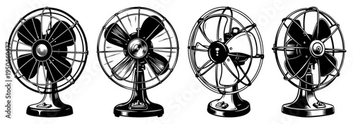 Collection of vintage electric desk fans hand drawn in detailed woodcut engraving style