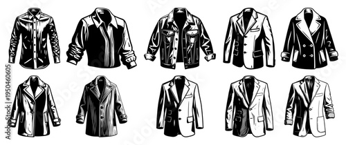 Collection of mens jackets coats and blazers in vintage woodcut illustration style