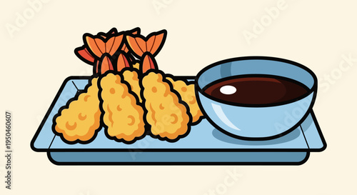 Delicious Shrimp Tempura with Dipping Sauce on a Rectangular Plate