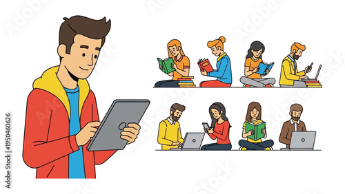 Digital Learning: A vibrant illustration showcases individuals engrossed in reading books and engaging with tablet devices. It's a study of modern knowledge and technological integration.