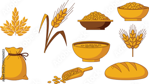 Wheat Grain Agriculture Vector Collection Featuring Wheat Ears, Wheat Plant Stem, Grain Bowls, Wheat Sack Bag, Grain Scoop and Fresh Wheat Bread Loaf