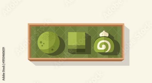 Green Desserts Assortment: Matcha Cake Roll, Mousse, and Square Pastry in Tray