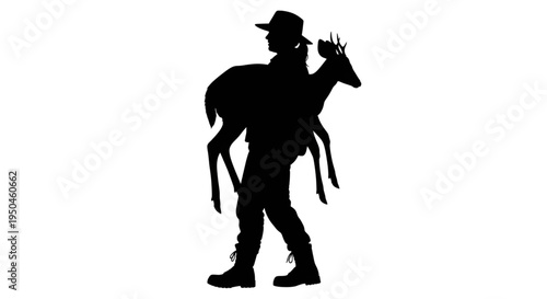 Silhouette of a woman park ranger or rescuer carrying a deer