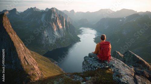 Hiker contemplating a vast mountain vista at sunrise