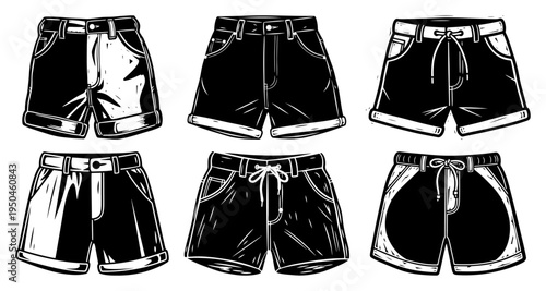 Group of various casual shorts and denim pants for summer fashion illustration
