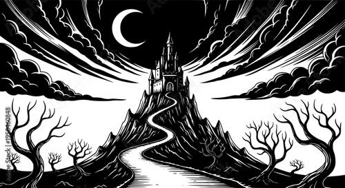 Road leading to a fantasy castle under a crescent moon and dramatic clouds path street