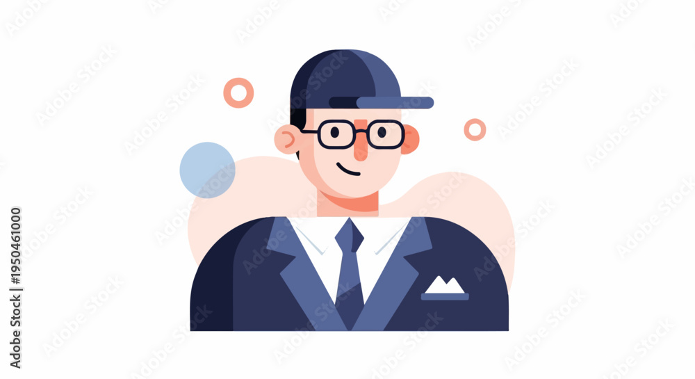 Obraz premium Stylized portrait of a man in a suit and cap, with abstract shapes