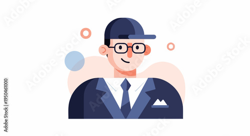 Stylized portrait of a man in a suit and cap, with abstract shapes