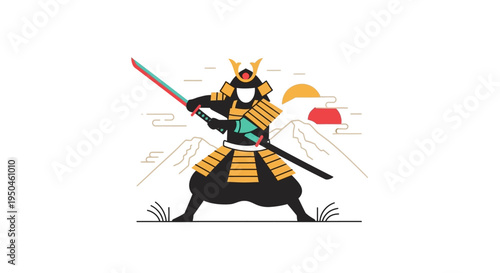 Samurai Warrior with Swords, Japanese Culture, Mount Fuji Background