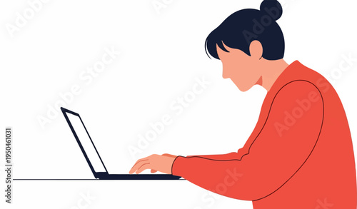 Woman wearing a red sweater typing on a laptop with her hair in a bun
