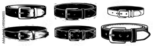 Detailed hand drawn leather belts with metal buckles in vintage woodcut style