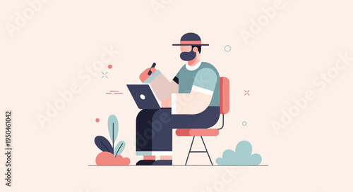 Minimalist illustration of a man in a hat sketching on a laptop outdoors