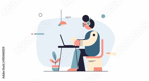 Person at a desk wearing headphones and working on a laptop