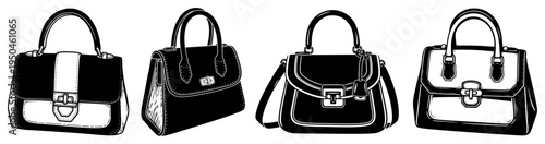 Collection of elegant womens handbags and purses hand drawn in vintage engraving style