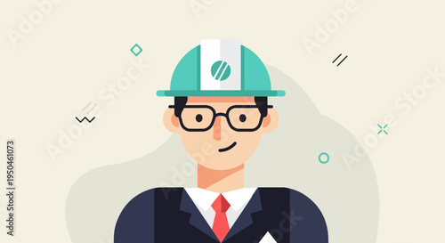 Stylized flat illustration of a person in a hard hat and suit