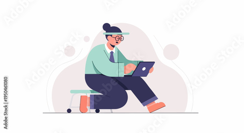 Person in flat illustration style working on a laptop on a stool