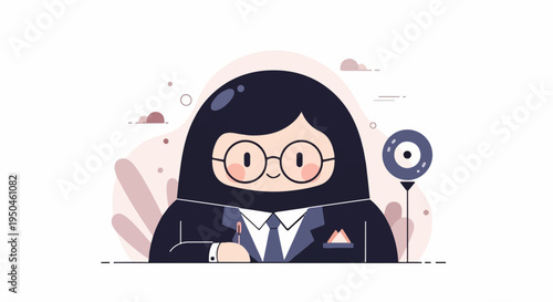 A minimalist character in a suit and hijab, wearing glasses, holds a pen