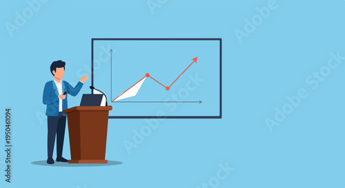 A man presents a growth chart on a screen at a podium