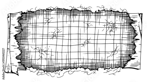 Tattered gridded fabric or paper fragment with torn edges in vintage engraving style