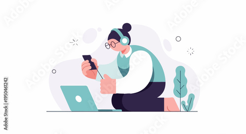 Stylized person with headphones and glasses uses phone and laptop