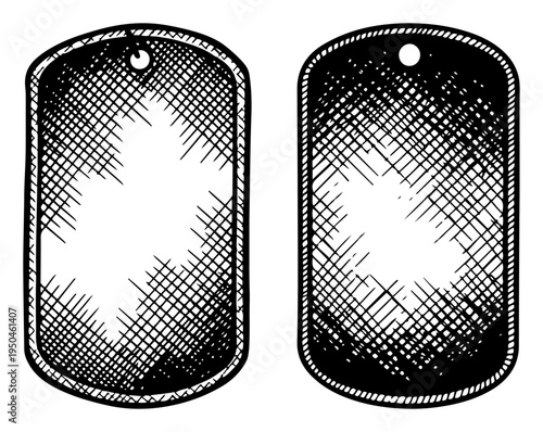 Set of blank military dog tags with metallic texture in vintage hand drawn woodcut style